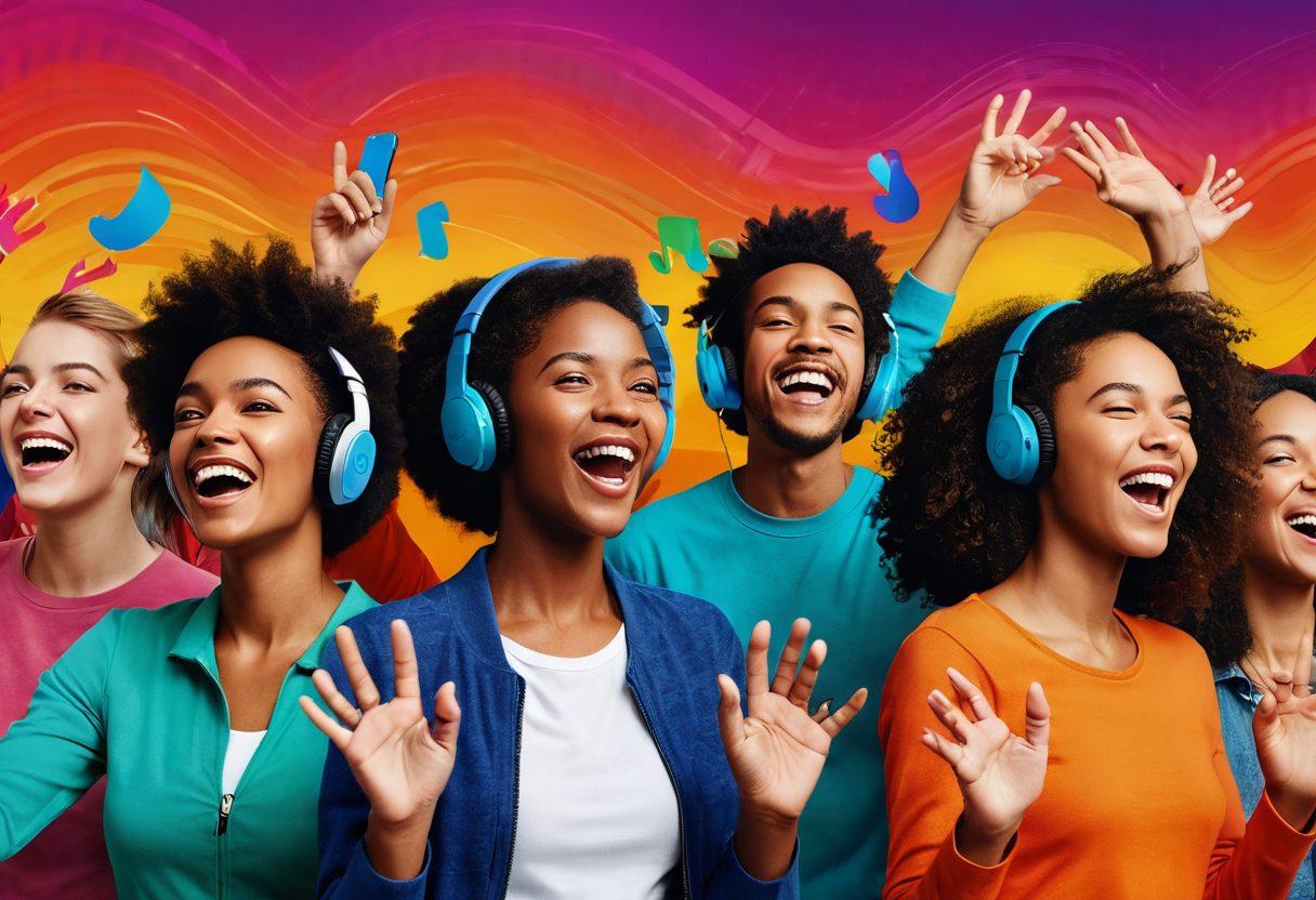A dynamic scene showing a diverse group of people from the deaf community using innovative sound technology devices, with colorful sound waves visibly emanating from the devices. Include bright, expressive facial expressions conveying joy and empowerment. The background features symbols of inclusivity and modern sound innovation, like sound waves transformed into visual graphics. super-realistic. vibrant colors. modern design.