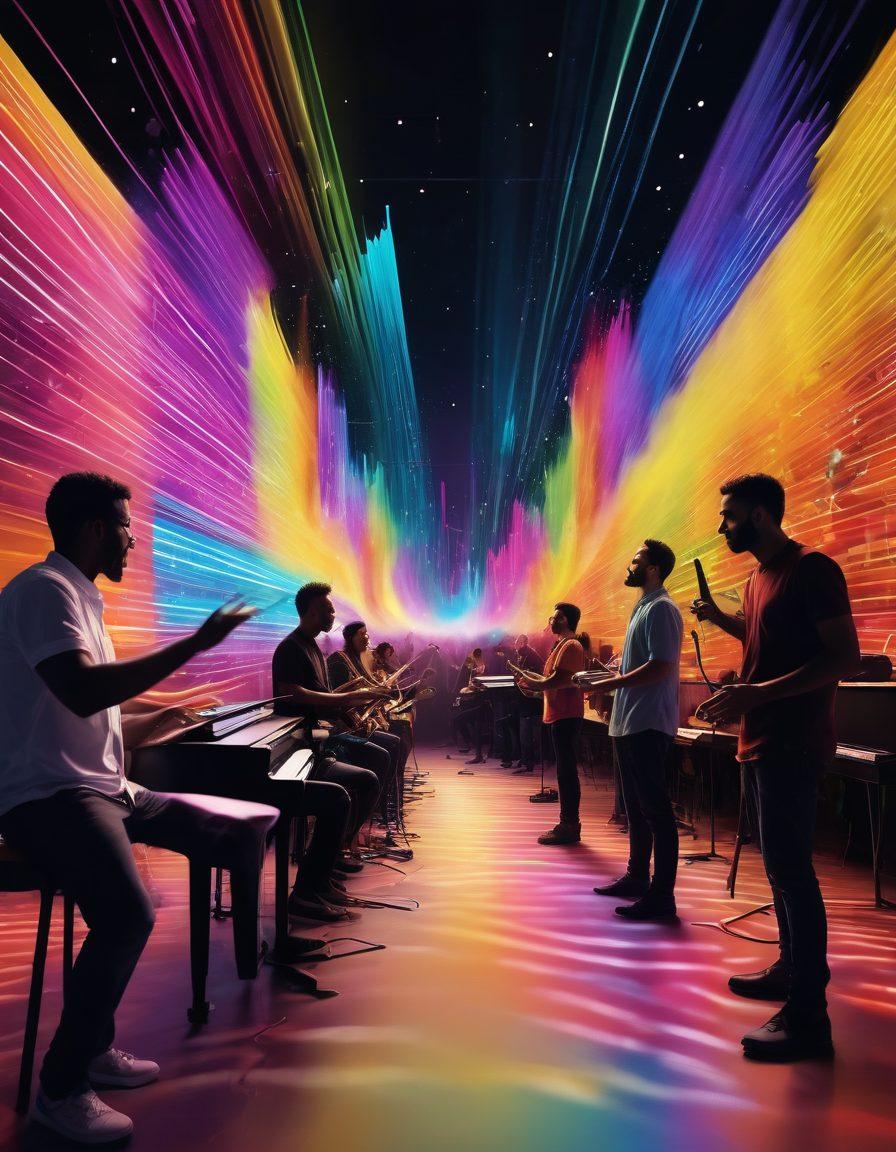A vibrant and dynamic scene showing a diverse group of deaf musicians engaging with innovative sound wave technology, like visual sound panels and colorful vibration instruments. The atmosphere is filled with energy and creativity, emphasizing collaboration and inclusion in music. Floating visual sound waves and colorful representations of music notes interact harmoniously with the people. The background features a lively community setting, capturing the spirit of connection through sound. vibrant colors. 3D.